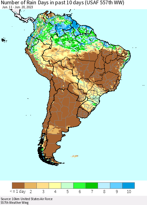 South America Number of Rain Days in past 10 days (USAF 557th WW) Thematic Map For 6/16/2023 - 6/20/2023