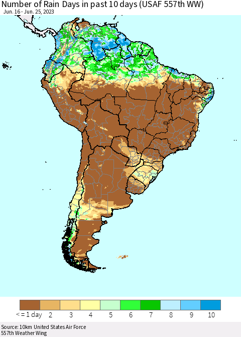 South America Number of Rain Days in past 10 days (USAF 557th WW) Thematic Map For 6/21/2023 - 6/25/2023