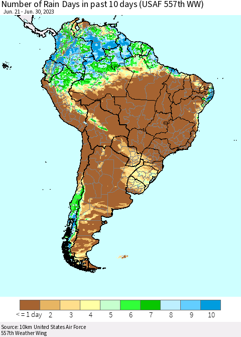 South America Number of Rain Days in past 10 days (USAF 557th WW) Thematic Map For 6/26/2023 - 6/30/2023