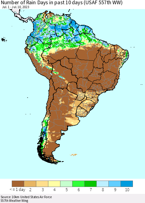 South America Number of Rain Days in past 10 days (USAF 557th WW) Thematic Map For 7/6/2023 - 7/10/2023