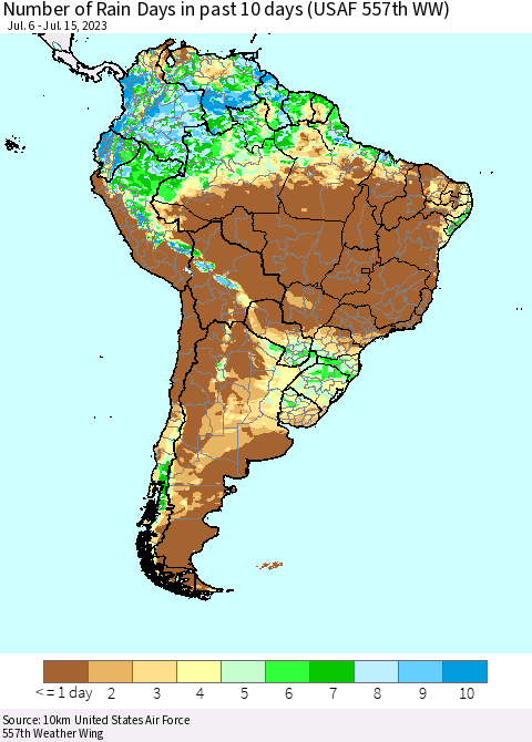 South America Number of Rain Days in past 10 days (USAF 557th WW) Thematic Map For 7/11/2023 - 7/15/2023