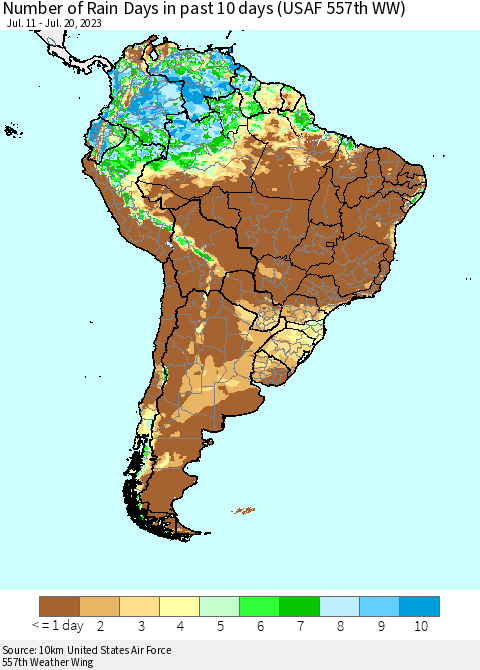 South America Number of Rain Days in past 10 days (USAF 557th WW) Thematic Map For 7/16/2023 - 7/20/2023