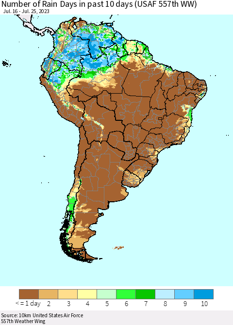 South America Number of Rain Days in past 10 days (USAF 557th WW) Thematic Map For 7/21/2023 - 7/25/2023