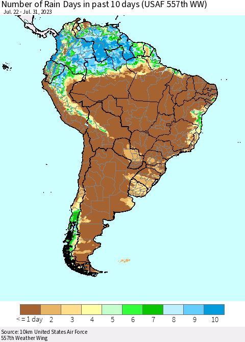 South America Number of Rain Days in past 10 days (USAF 557th WW) Thematic Map For 7/26/2023 - 7/31/2023