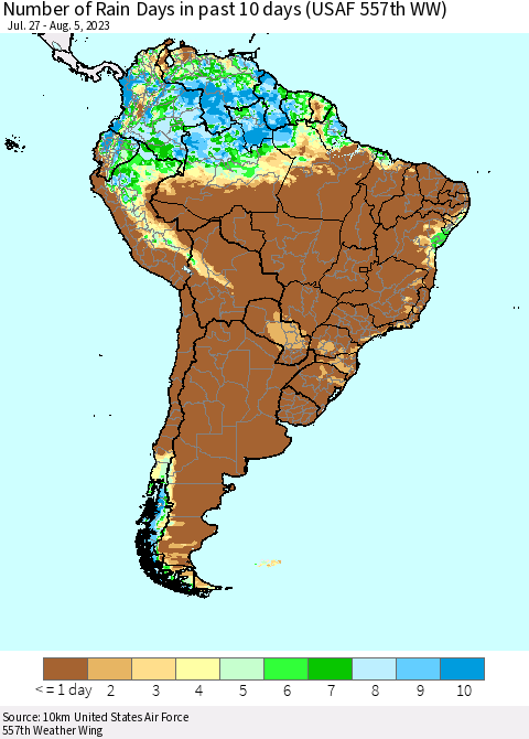 South America Number of Rain Days in past 10 days (USAF 557th WW) Thematic Map For 8/1/2023 - 8/5/2023
