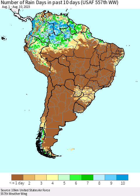 South America Number of Rain Days in past 10 days (USAF 557th WW) Thematic Map For 8/6/2023 - 8/10/2023