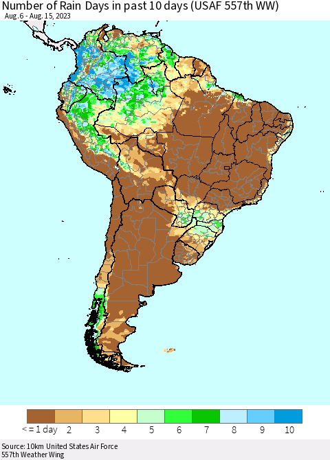 South America Number of Rain Days in past 10 days (USAF 557th WW) Thematic Map For 8/11/2023 - 8/15/2023
