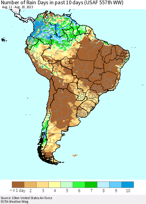 South America Number of Rain Days in past 10 days (USAF 557th WW) Thematic Map For 8/16/2023 - 8/20/2023