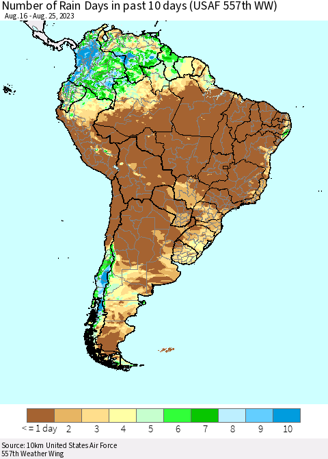South America Number of Rain Days in past 10 days (USAF 557th WW) Thematic Map For 8/21/2023 - 8/25/2023