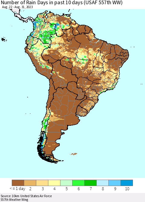 South America Number of Rain Days in past 10 days (USAF 557th WW) Thematic Map For 8/26/2023 - 8/31/2023