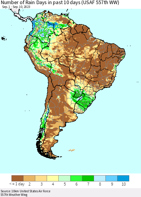 South America Number of Rain Days in past 10 days (USAF 557th WW) Thematic Map For 9/6/2023 - 9/10/2023