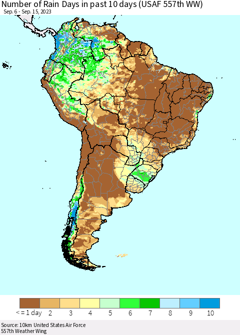 South America Number of Rain Days in past 10 days (USAF 557th WW) Thematic Map For 9/11/2023 - 9/15/2023