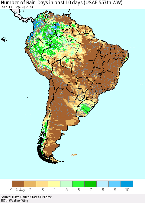 South America Number of Rain Days in past 10 days (USAF 557th WW) Thematic Map For 9/16/2023 - 9/20/2023