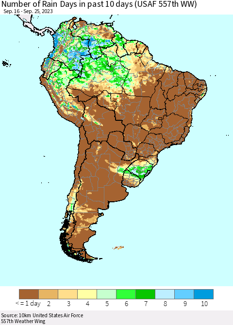 South America Number of Rain Days in past 10 days (USAF 557th WW) Thematic Map For 9/21/2023 - 9/25/2023