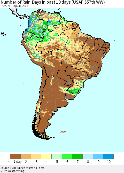 South America Number of Rain Days in past 10 days (USAF 557th WW) Thematic Map For 9/26/2023 - 9/30/2023