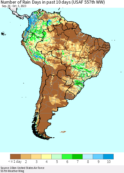 South America Number of Rain Days in past 10 days (USAF 557th WW) Thematic Map For 10/1/2023 - 10/5/2023