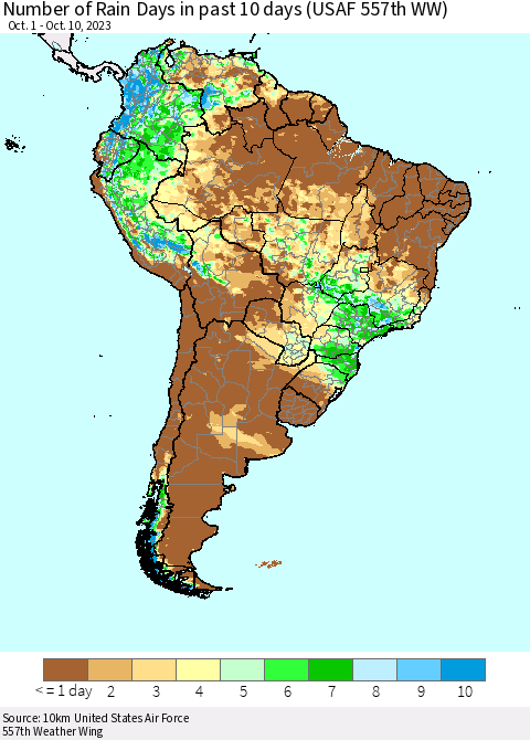 South America Number of Rain Days in past 10 days (USAF 557th WW) Thematic Map For 10/6/2023 - 10/10/2023