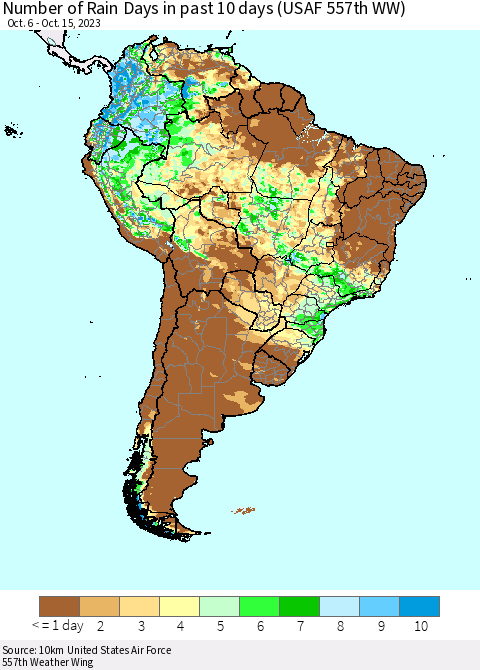 South America Number of Rain Days in past 10 days (USAF 557th WW) Thematic Map For 10/11/2023 - 10/15/2023