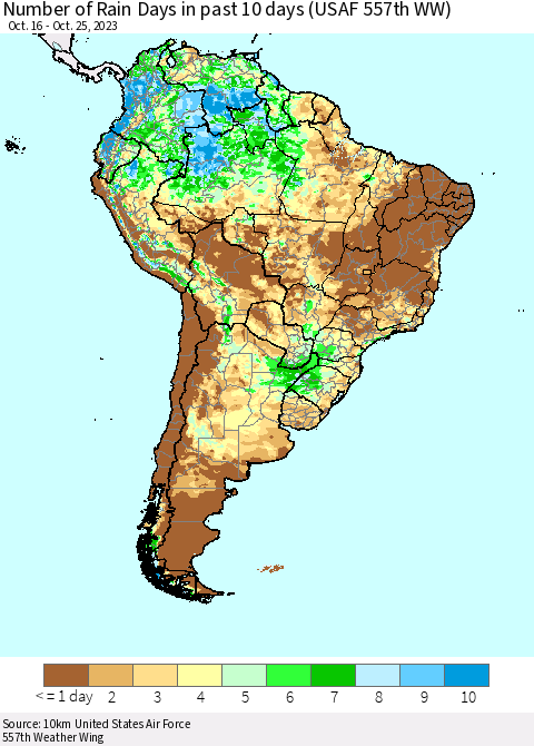 South America Number of Rain Days in past 10 days (USAF 557th WW) Thematic Map For 10/21/2023 - 10/25/2023