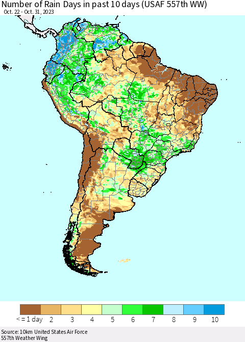 South America Number of Rain Days in past 10 days (USAF 557th WW) Thematic Map For 10/26/2023 - 10/31/2023