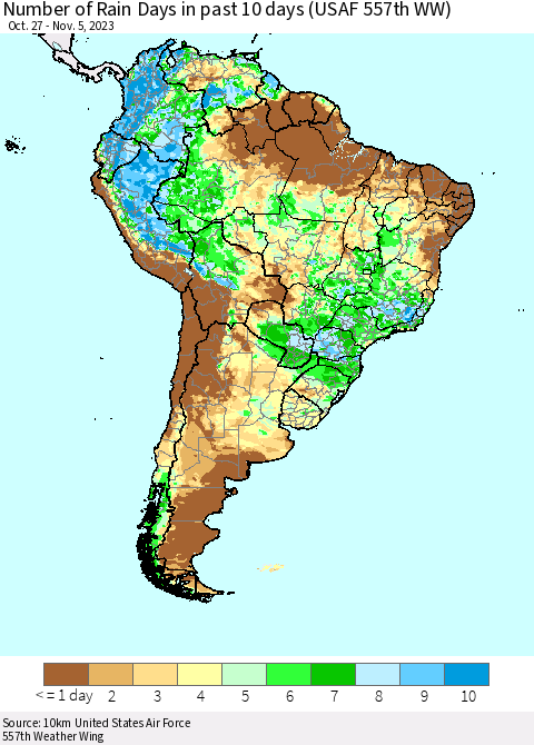 South America Number of Rain Days in past 10 days (USAF 557th WW) Thematic Map For 11/1/2023 - 11/5/2023
