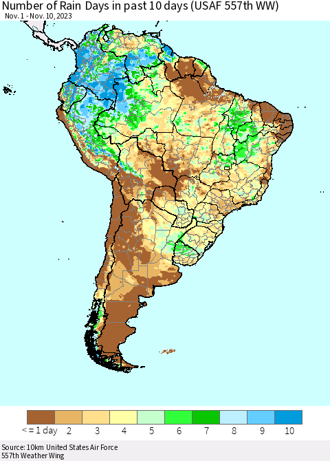 South America Number of Rain Days in past 10 days (USAF 557th WW) Thematic Map For 11/6/2023 - 11/10/2023