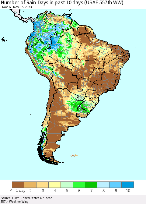 South America Number of Rain Days in past 10 days (USAF 557th WW) Thematic Map For 11/11/2023 - 11/15/2023