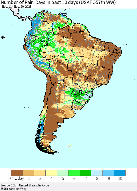 South America Number of Rain Days in past 10 days (USAF 557th WW) Thematic Map For 11/16/2023 - 11/20/2023