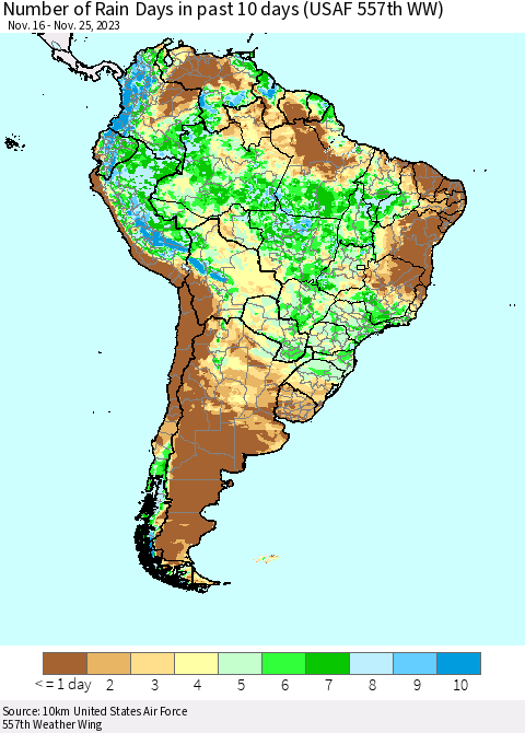South America Number of Rain Days in past 10 days (USAF 557th WW) Thematic Map For 11/21/2023 - 11/25/2023