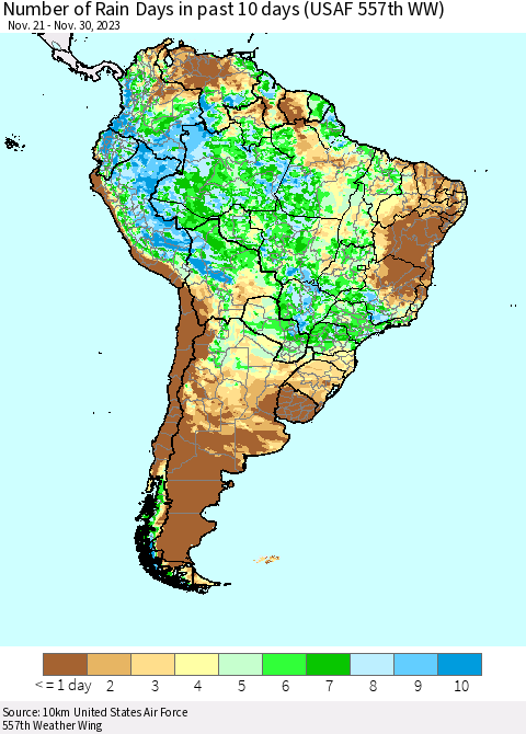 South America Number of Rain Days in past 10 days (USAF 557th WW) Thematic Map For 11/26/2023 - 11/30/2023