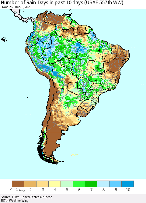 South America Number of Rain Days in past 10 days (USAF 557th WW) Thematic Map For 12/1/2023 - 12/5/2023