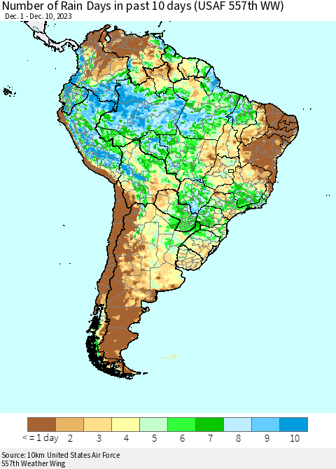South America Number of Rain Days in past 10 days (USAF 557th WW) Thematic Map For 12/6/2023 - 12/10/2023