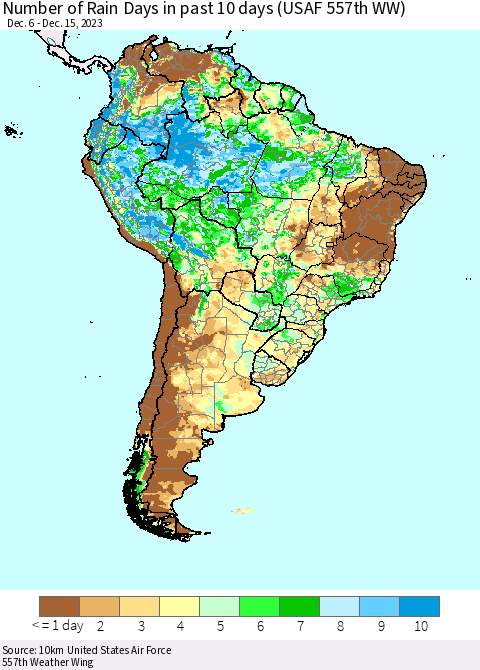 South America Number of Rain Days in past 10 days (USAF 557th WW) Thematic Map For 12/11/2023 - 12/15/2023