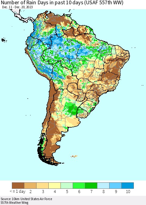 South America Number of Rain Days in past 10 days (USAF 557th WW) Thematic Map For 12/16/2023 - 12/20/2023
