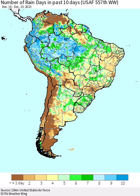 South America Number of Rain Days in past 10 days (USAF 557th WW) Thematic Map For 12/21/2023 - 12/25/2023