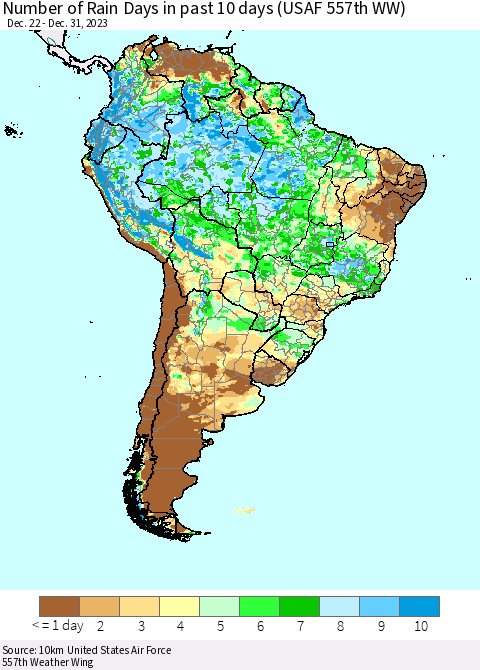 South America Number of Rain Days in past 10 days (USAF 557th WW) Thematic Map For 12/26/2023 - 12/31/2023