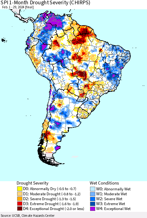 South America SPI 1-Month Drought Severity (CHIRPS) Thematic Map For 2/1/2024 - 2/29/2024