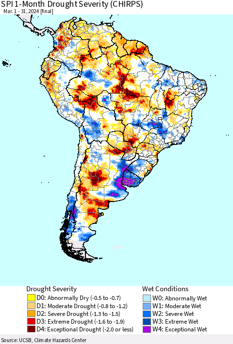South America SPI 1-Month Drought Severity (CHIRPS) Thematic Map For 3/1/2024 - 3/31/2024