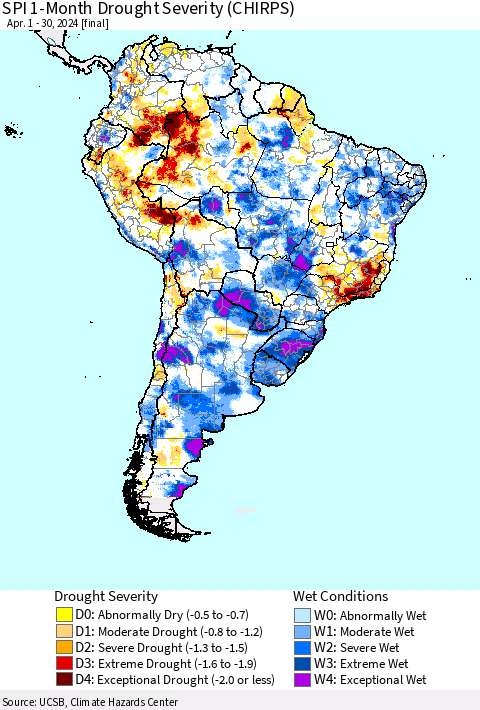 South America SPI 1-Month Drought Severity (CHIRPS) Thematic Map For 4/1/2024 - 4/30/2024