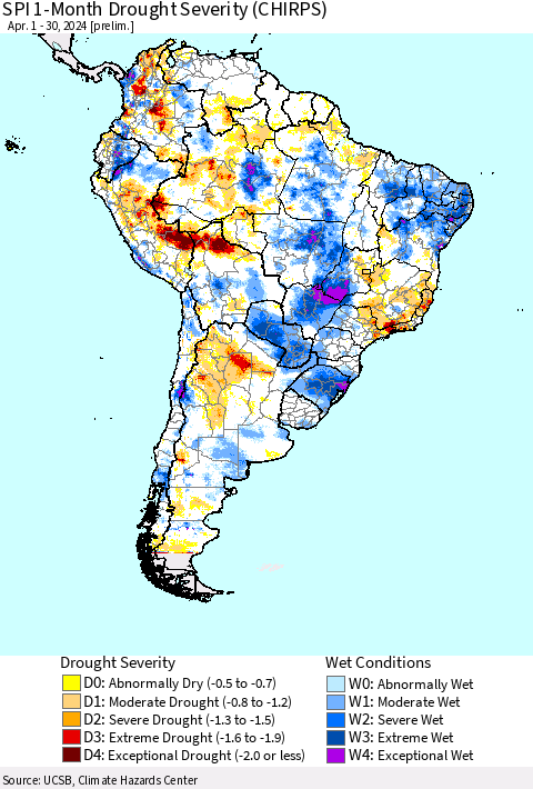 South America SPI 1-Month Drought Severity (CHIRPS) Thematic Map For 4/1/2024 - 4/30/2024
