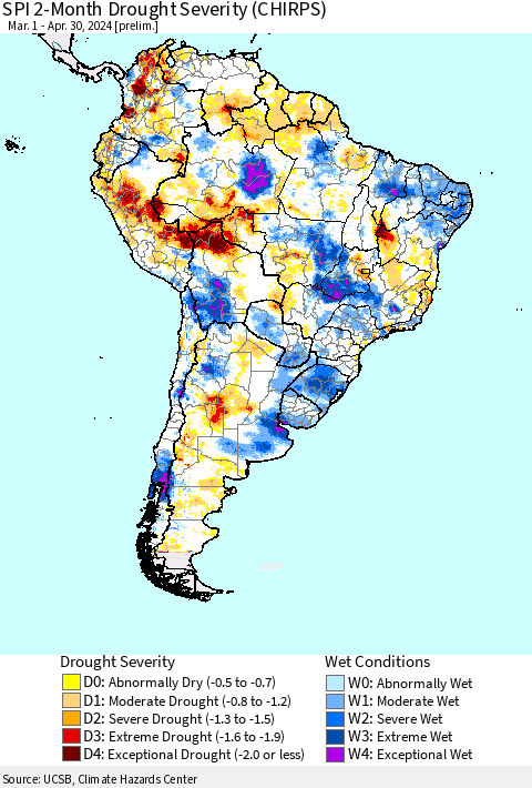 South America SPI 2-Month Drought Severity (CHIRPS) Thematic Map For 3/1/2024 - 4/30/2024