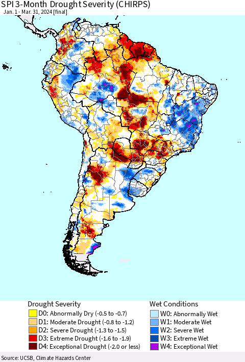 South America SPI 3-Month Drought Severity (CHIRPS) Thematic Map For 1/1/2024 - 3/31/2024