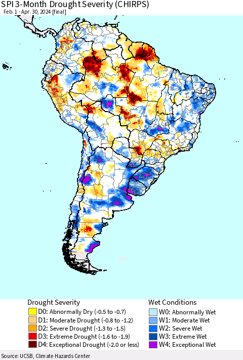 South America SPI 3-Month Drought Severity (CHIRPS) Thematic Map For 2/1/2024 - 4/30/2024