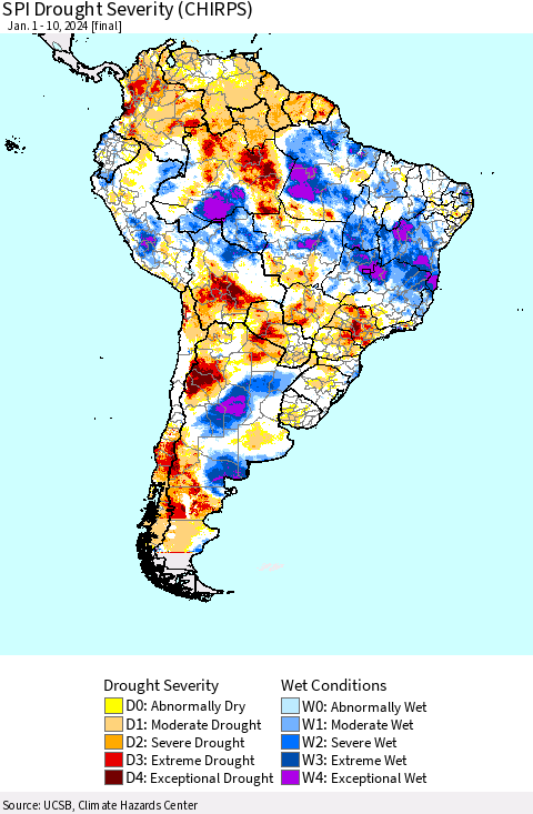 South America SPI Drought Severity (CHIRPS) Thematic Map For 1/1/2024 - 1/10/2024