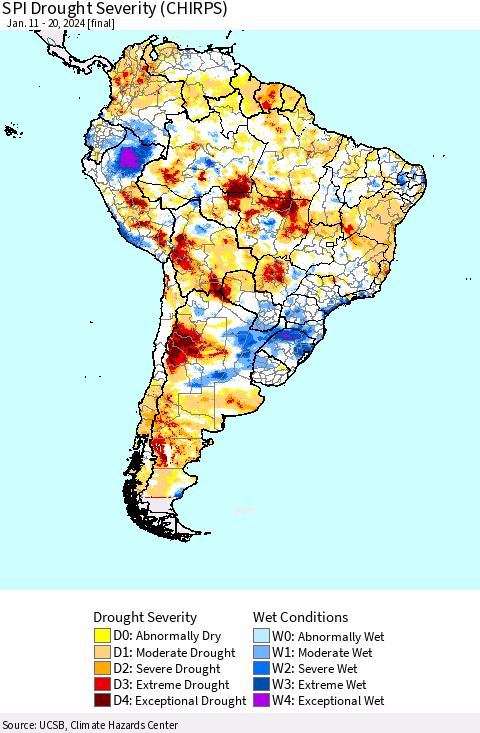 South America SPI Drought Severity (CHIRPS) Thematic Map For 1/11/2024 - 1/20/2024
