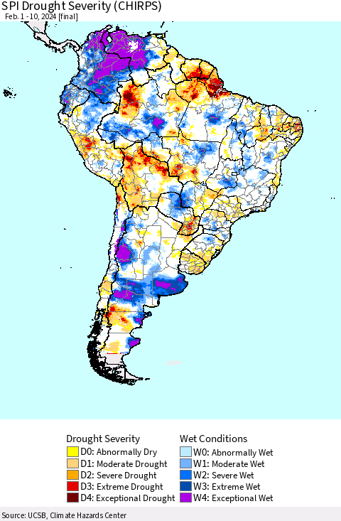 South America SPI Drought Severity (CHIRPS) Thematic Map For 2/1/2024 - 2/10/2024