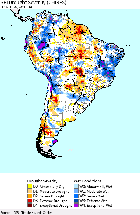 South America SPI Drought Severity (CHIRPS) Thematic Map For 2/11/2024 - 2/20/2024