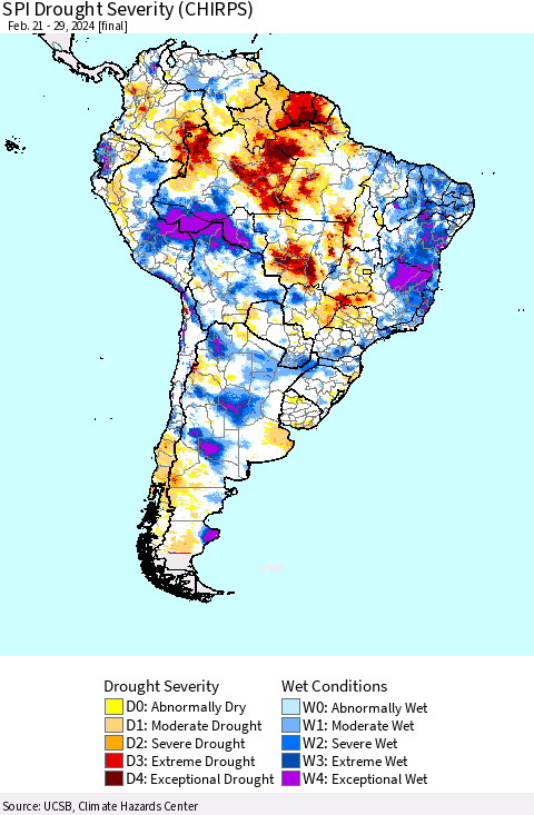 South America SPI Drought Severity (CHIRPS) Thematic Map For 2/21/2024 - 2/29/2024