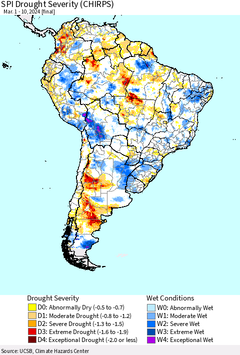 South America SPI Drought Severity (CHIRPS) Thematic Map For 3/1/2024 - 3/10/2024