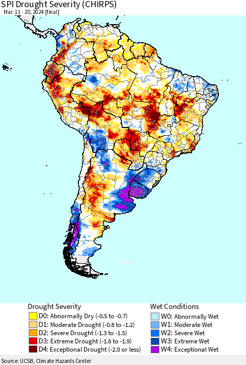 South America SPI Drought Severity (CHIRPS) Thematic Map For 3/11/2024 - 3/20/2024